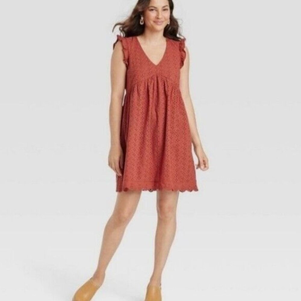 Knox Rose Womens Dress Sleeveless Ruffle Eyelet V-Neck High Waist Desert Red S